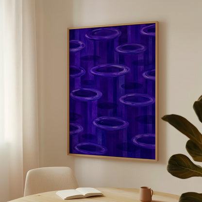 Rings emerging from deep violet and amethyst tones, canvas print displayed on a neutral wall in a styled interior