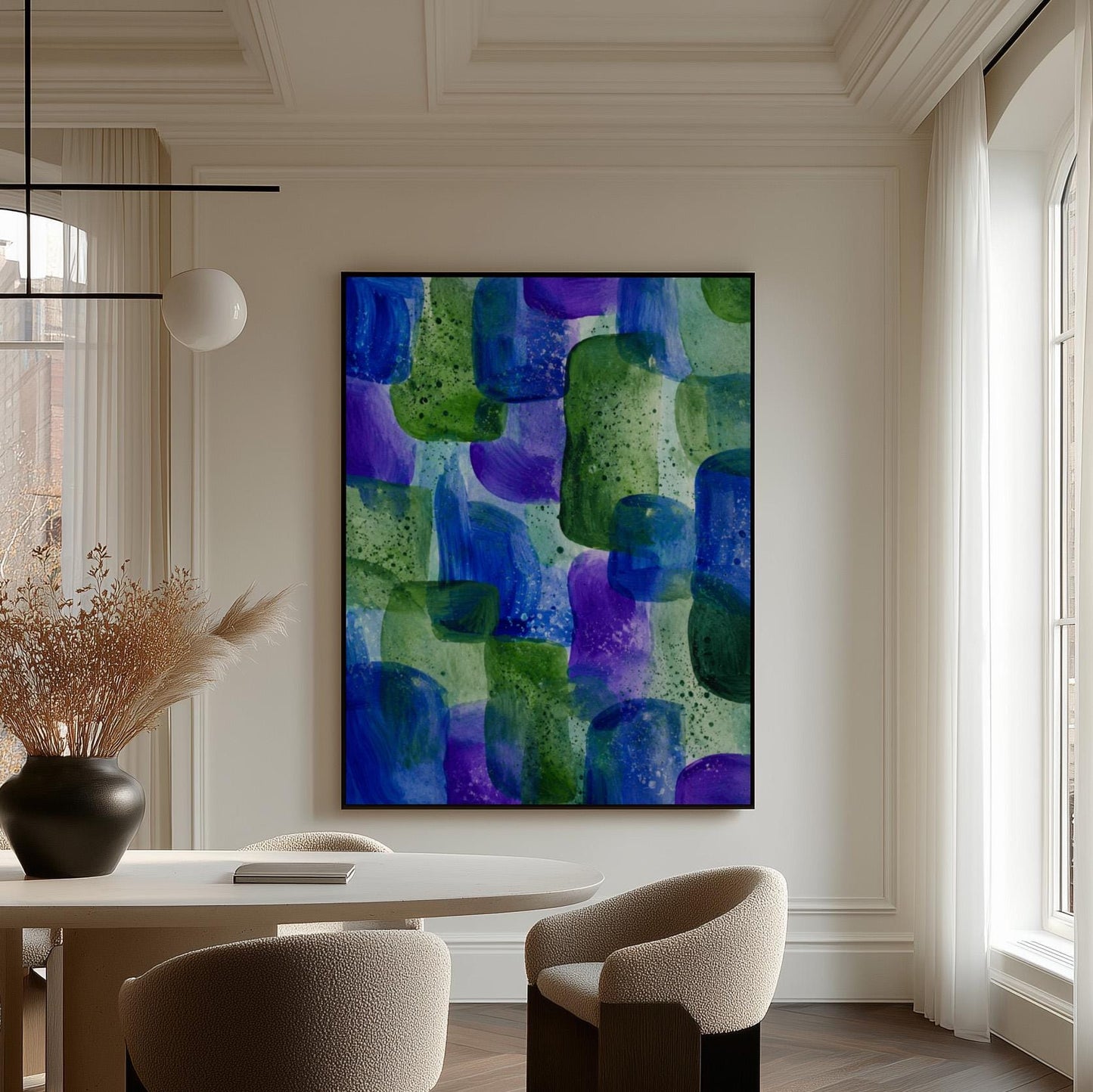 Painterly blocks in saturated blue purple and green, canvas print hanging in a calm, modern living space