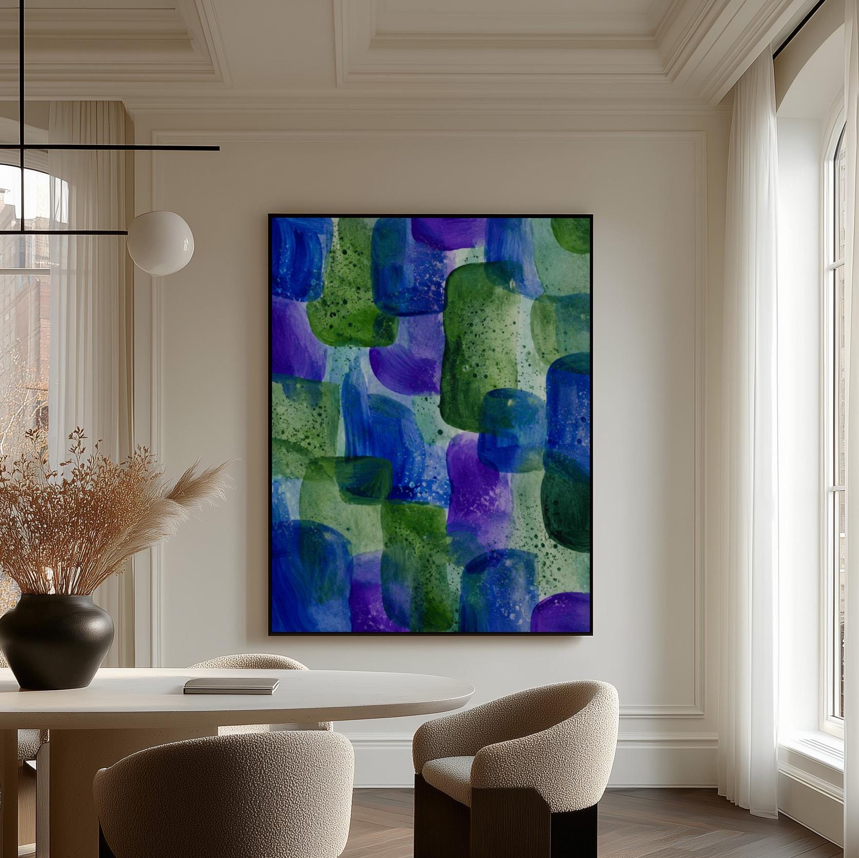 Painterly blocks in saturated blue purple and green, canvas print hanging in a calm, modern living space