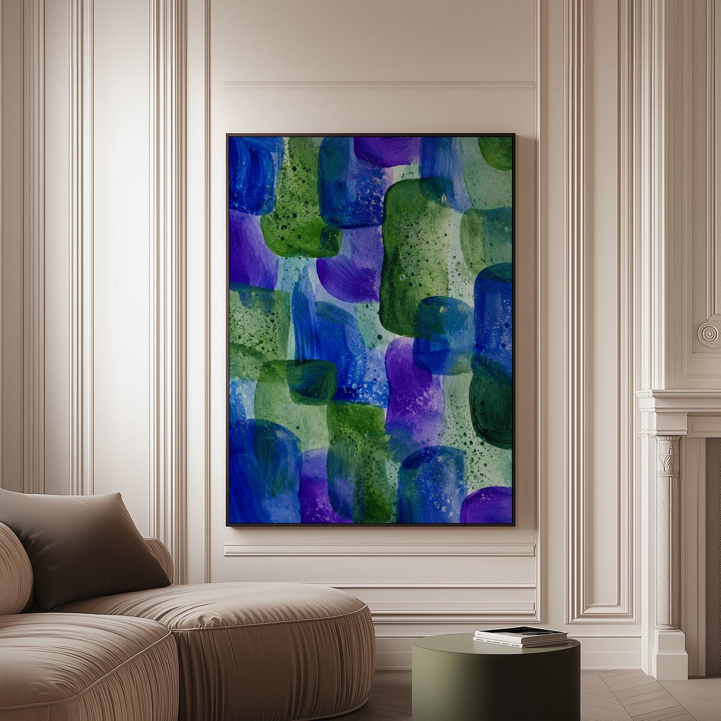 Painterly blocks in saturated blue purple and green, canvas print on a softly lit wall in a calm interior