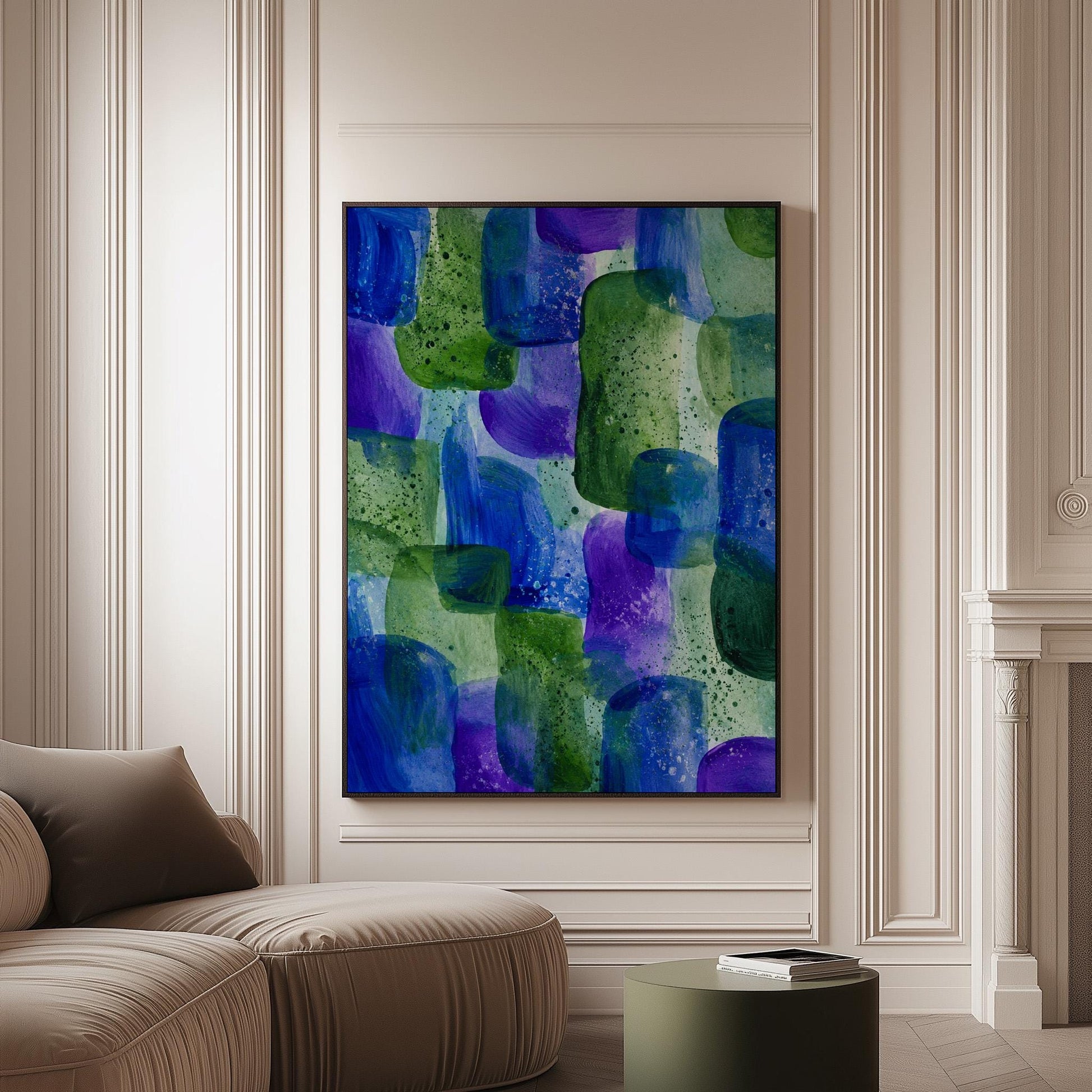 Painterly blocks in saturated blue purple and green, canvas print on a softly lit wall in a calm interior