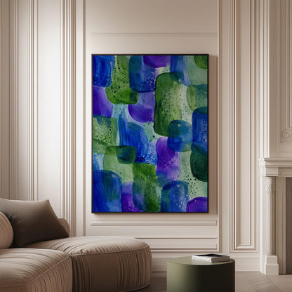Painterly blocks in saturated blue purple and green, canvas print on a softly lit wall in a calm interior