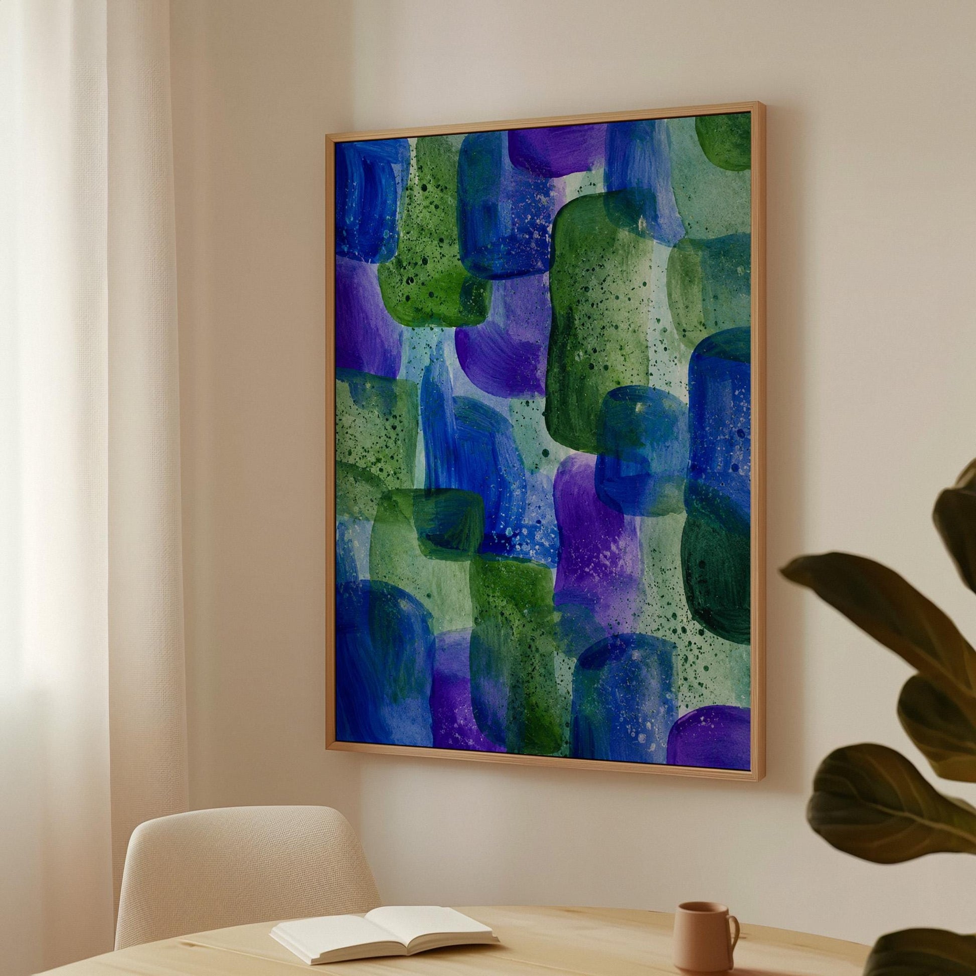 Painterly blocks in saturated blue purple and green, canvas print presented in a light, minimal room