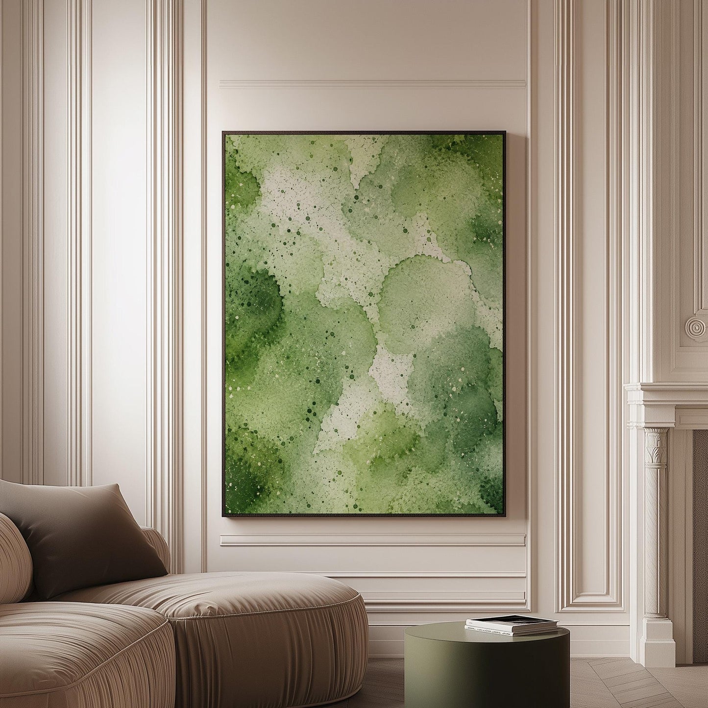 Pale speckled green watercolor wash, light and airy, canvas print on a softly lit wall in a calm interior