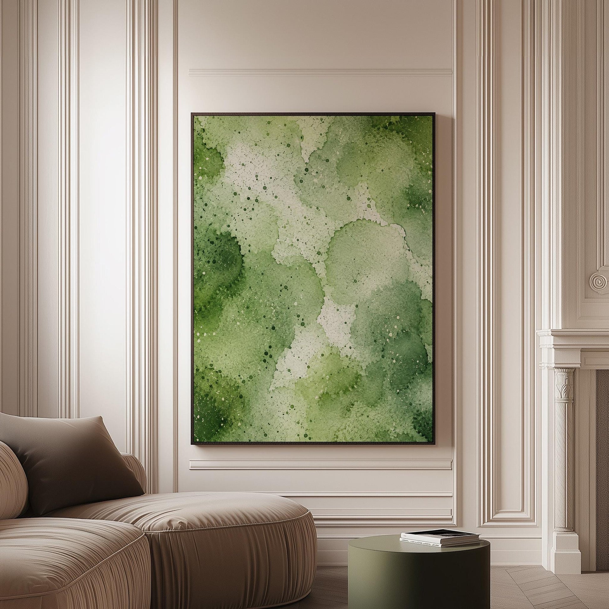 Pale speckled green watercolor wash, light and airy, canvas print on a softly lit wall in a calm interior