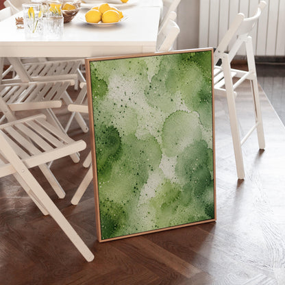 Pale speckled green watercolor wash, light and airy, canvas print shown in a sunlit, contemporary room