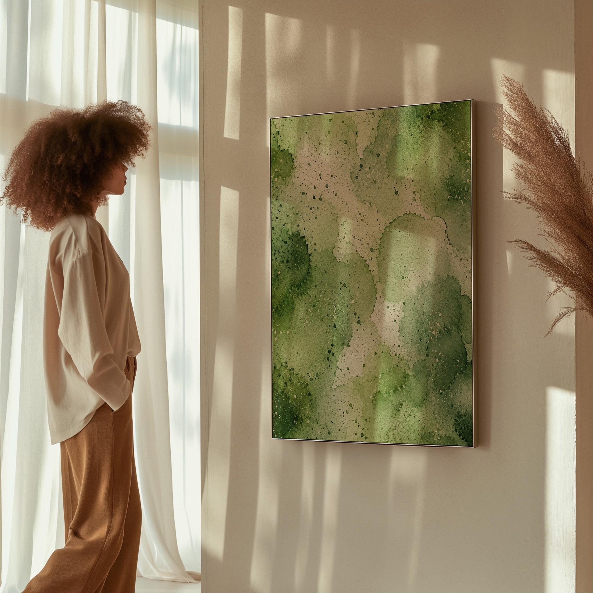 Pale speckled green watercolor wash, light and airy, canvas wall art hanging in a calm, modern living space