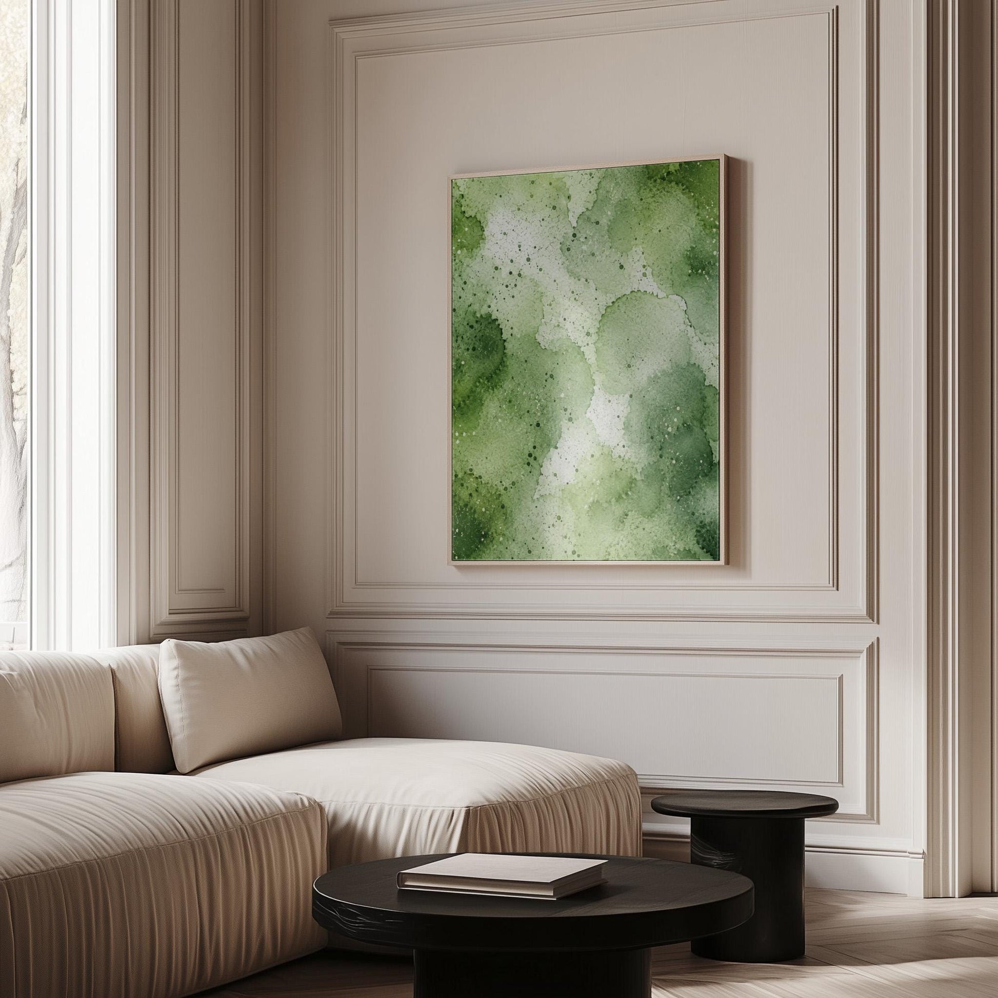 Pale speckled green watercolor wash, light and airy, canvas wall art presented in a light, minimal room