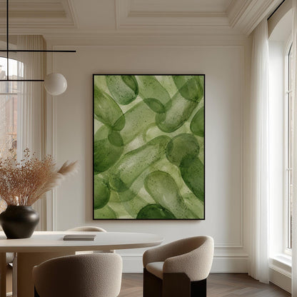 Interlaced looping rings in transparent greens, canvas print hanging in a calm, modern living space