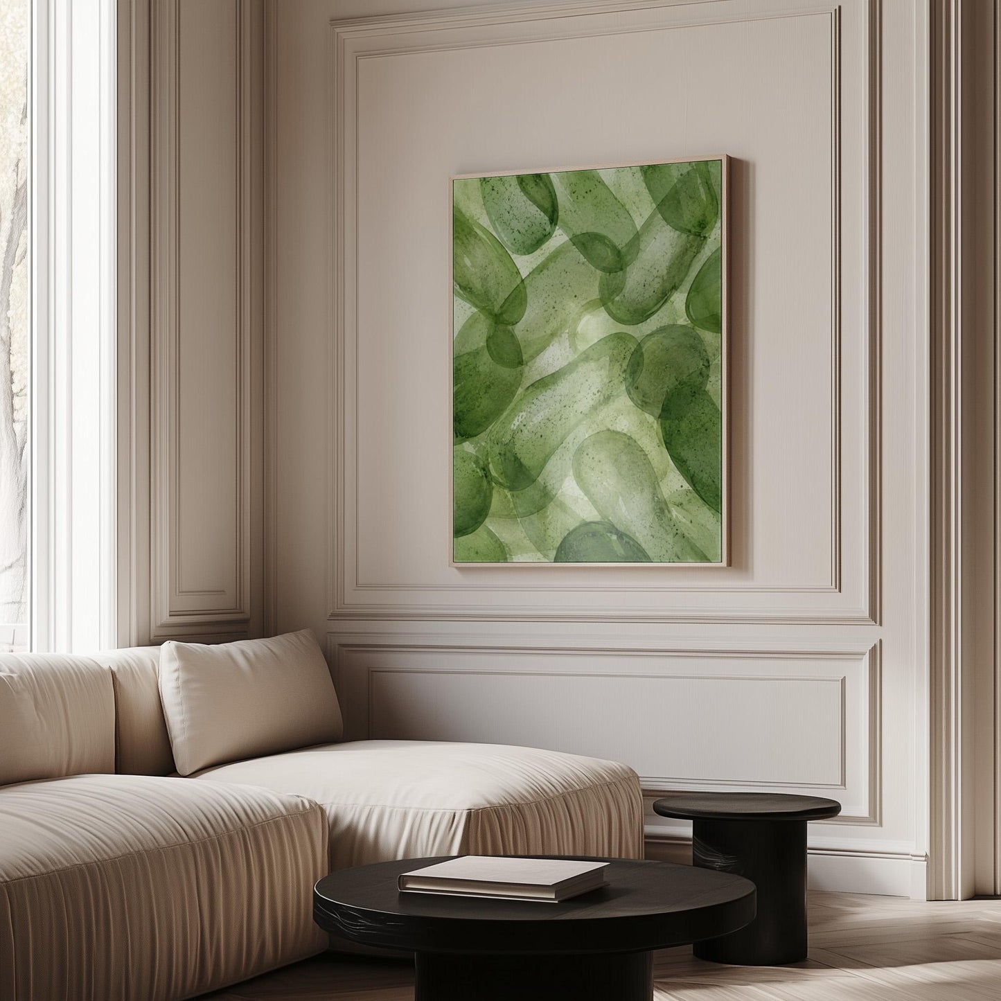 Interlaced looping rings in transparent greens, canvas print presented in a light, minimal room