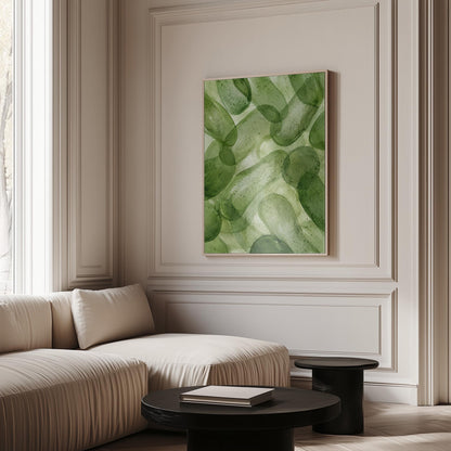 Interlaced looping rings in transparent greens, canvas print presented in a light, minimal room