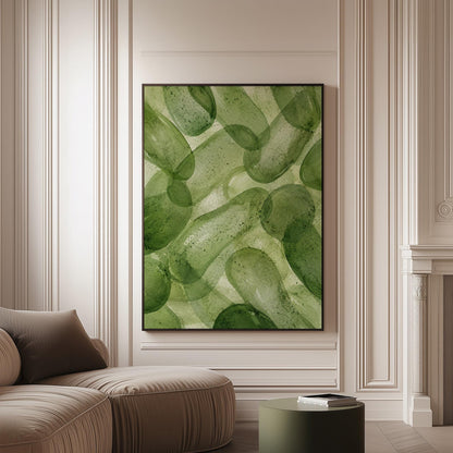 Interlaced looping rings in transparent greens, canvas print on a softly lit wall in a calm interior