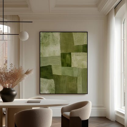 Patchwork of olive and moss green field blocks, canvas print shown to scale in a furnished room