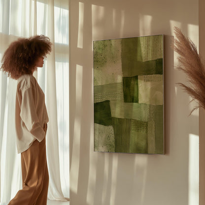 Patchwork of olive and moss green field blocks, canvas wall art styled against a soft white wall