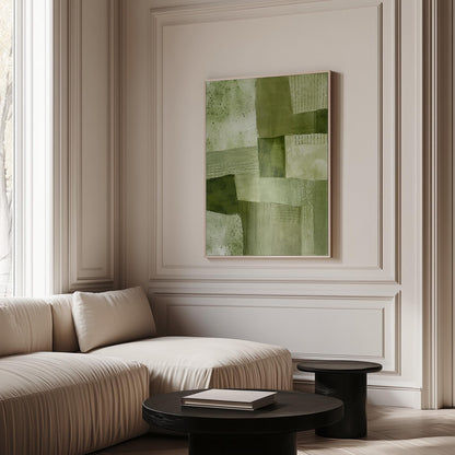 Patchwork of olive and moss green field blocks, canvas wall art presented in a light, minimal room