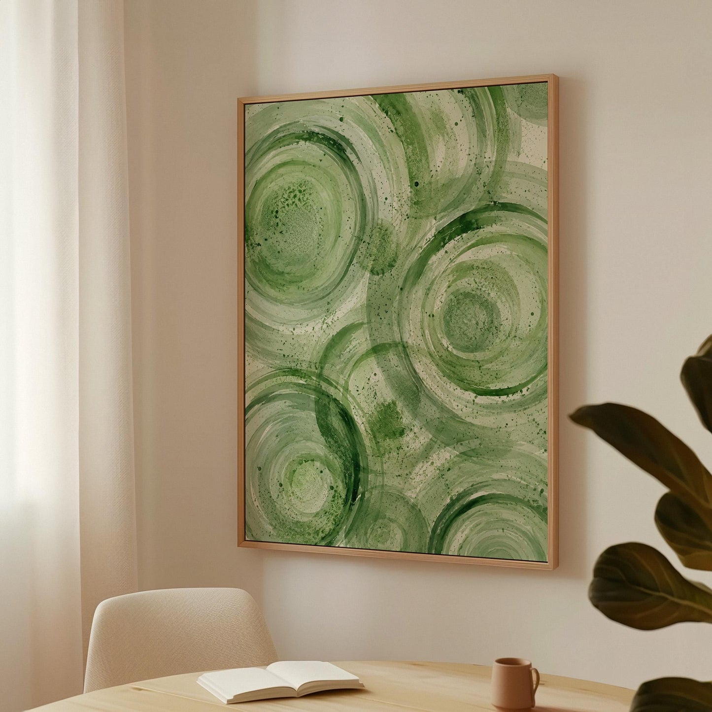 Concentric ripple rings in soft watercolor greens, canvas print presented in a light, minimal room