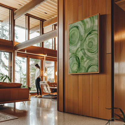 Concentric ripple rings in soft watercolor greens, canvas print on a quiet wall in a considered interior