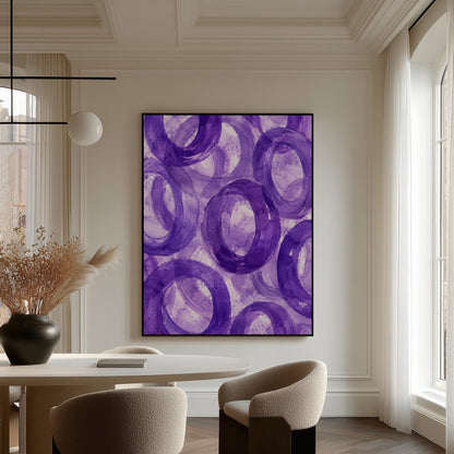 Swirling amethyst purple rings on pale background, canvas print hanging in a calm, modern living space