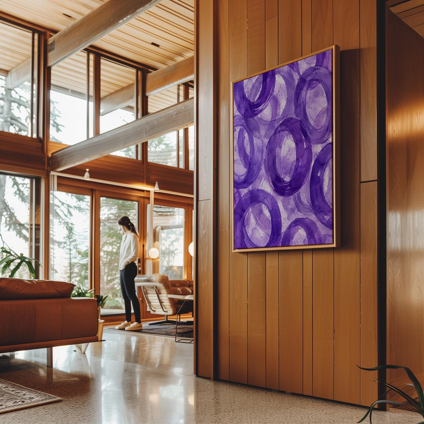 Swirling amethyst purple rings on pale background, canvas print shown in a sunlit, contemporary room