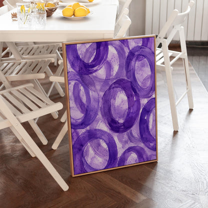 Swirling amethyst purple rings on pale background, canvas wall art hanging in a calm, modern living space