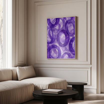 Swirling amethyst purple rings on pale background, canvas wall art seen in a warm interior with natural light