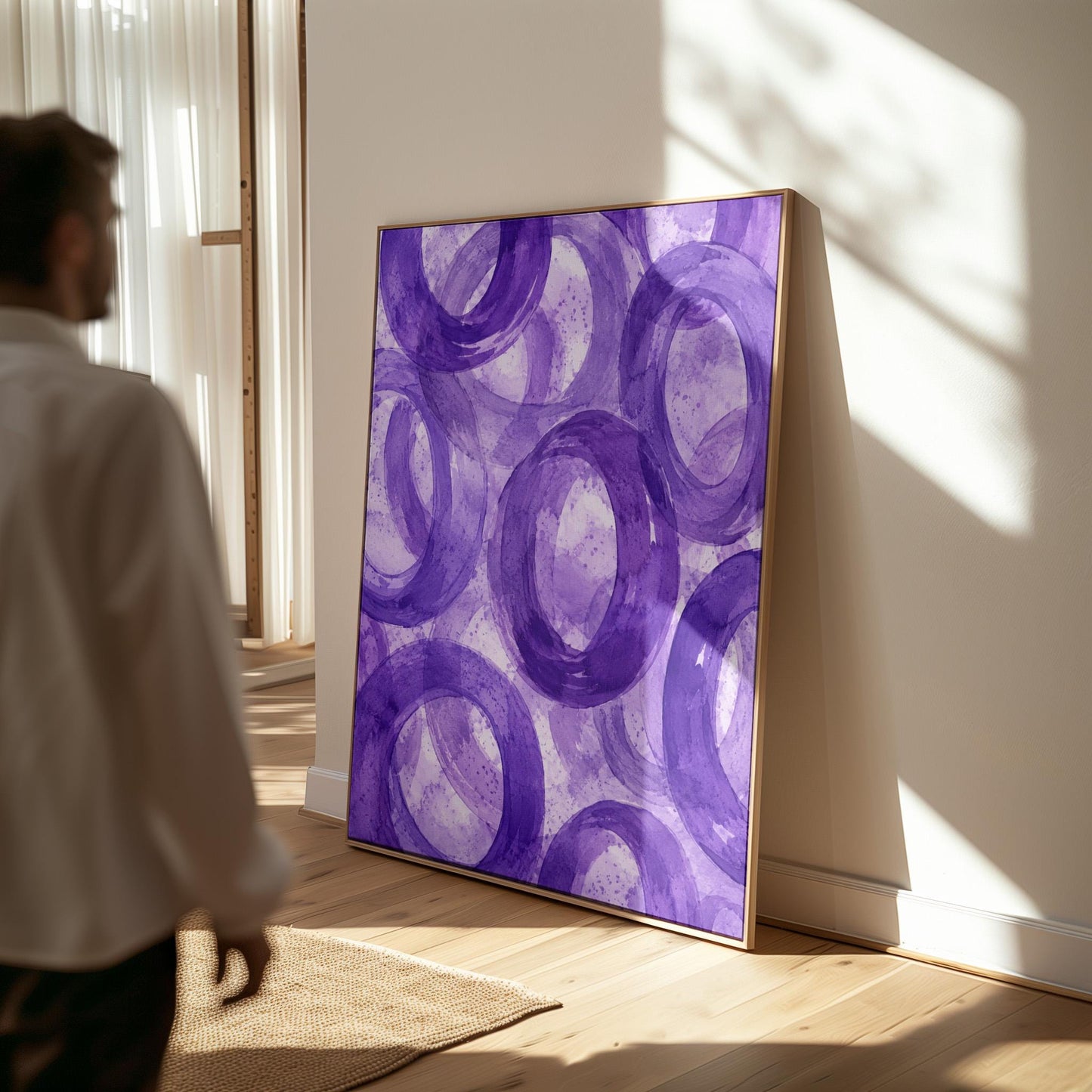 Swirling amethyst purple rings on pale background, canvas wall art on a quiet wall in a considered interior
