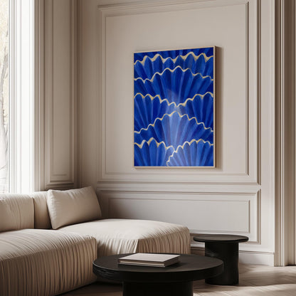 Fan shaped scallop shells in cobalt with gold edges, canvas wall art seen in a warm interior with natural light