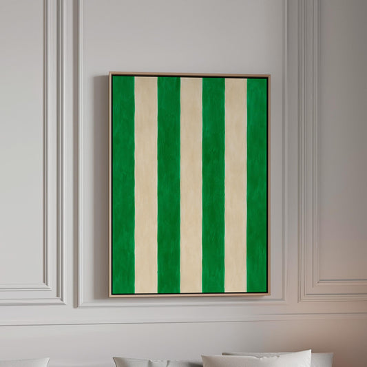 Bold vertical cabana stripes in emerald green and cream, canvas print in a bright room with natural daylight