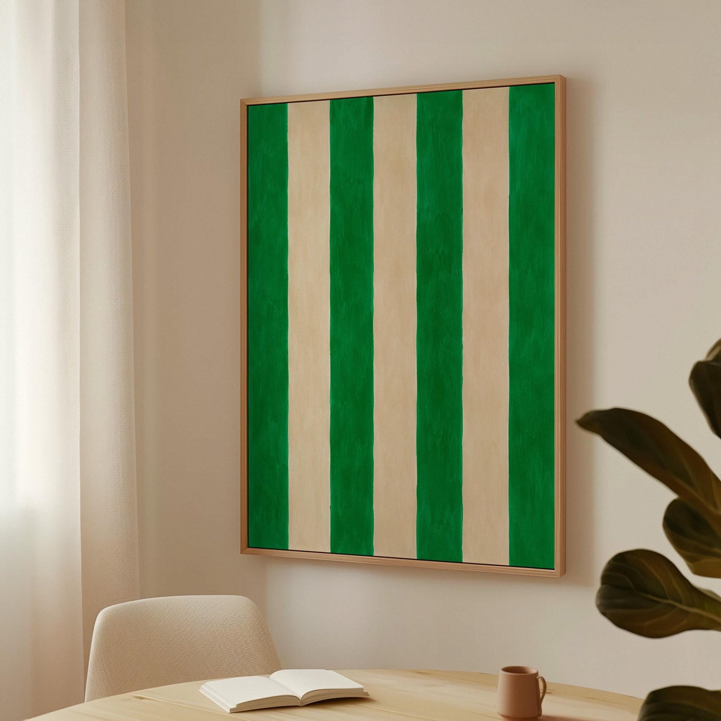 Bold vertical cabana stripes in emerald green and cream, canvas print presented in a light, minimal room