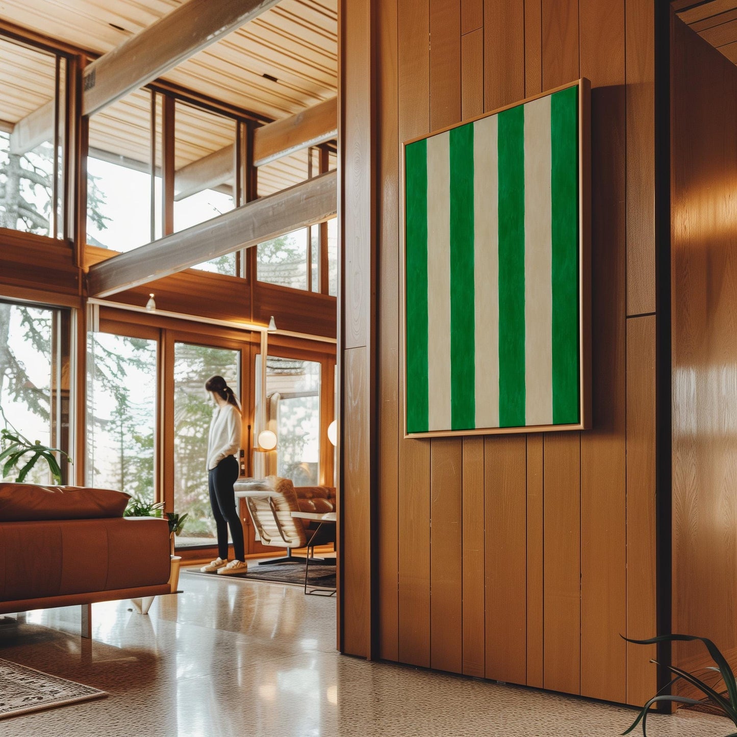Bold vertical cabana stripes in emerald green and cream, canvas print shown to scale in a furnished room