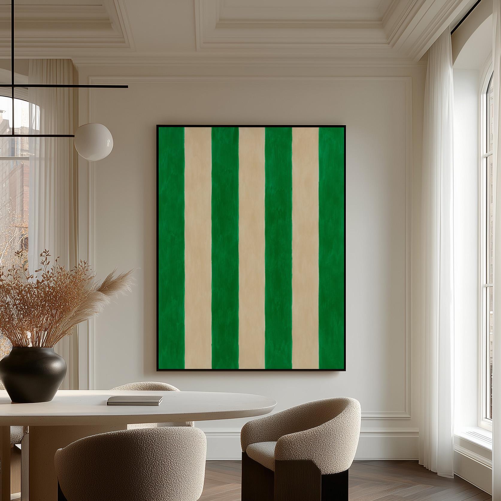 Bold vertical cabana stripes in emerald green and cream, canvas wall art seen in a warm interior with natural light
