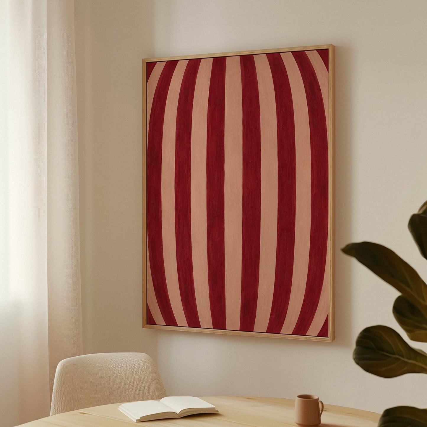 Curved burgundy stripes bowing over blush background, canvas print shown in a sunlit, contemporary room