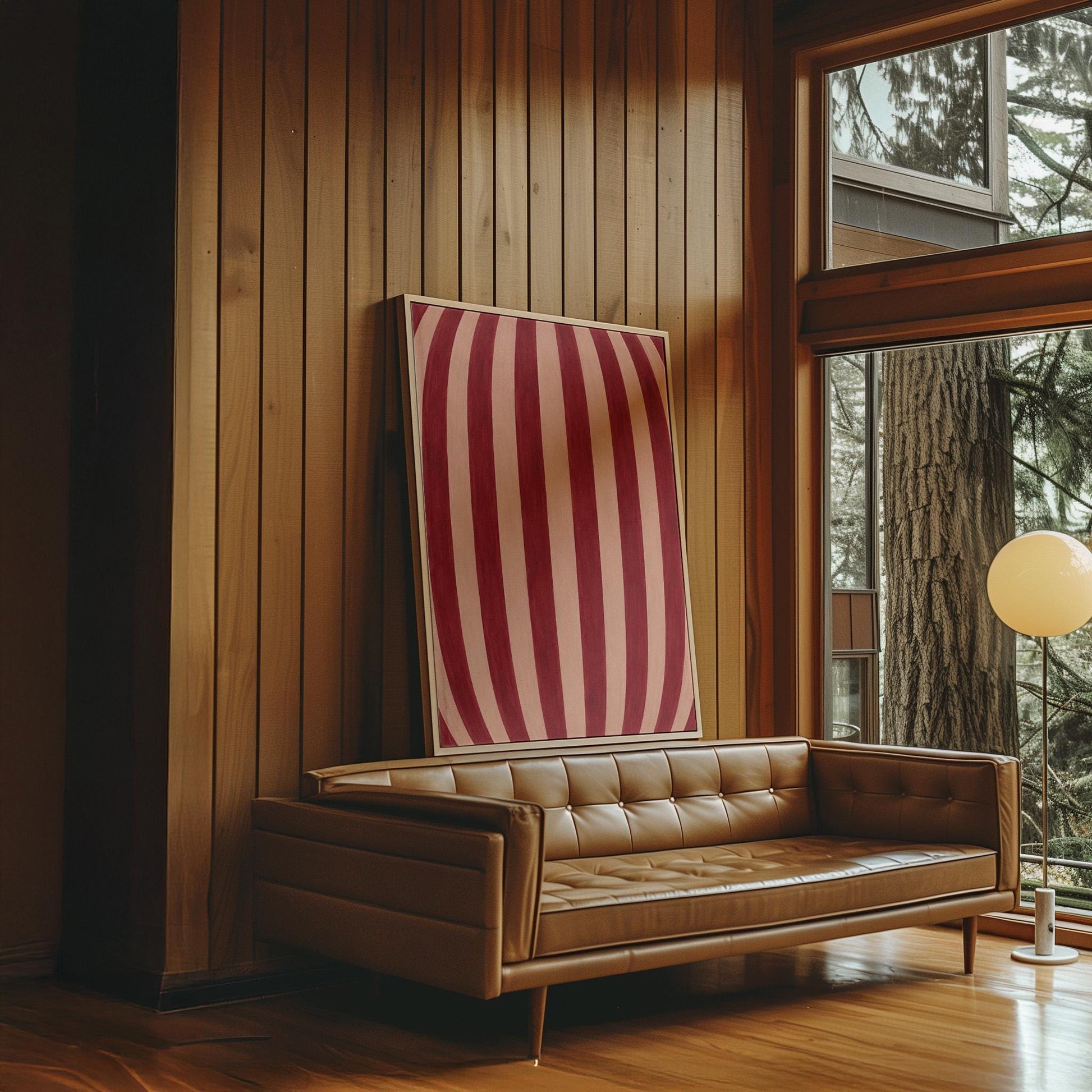 Curved burgundy stripes bowing over blush background, canvas wall art presented in a light, minimal room