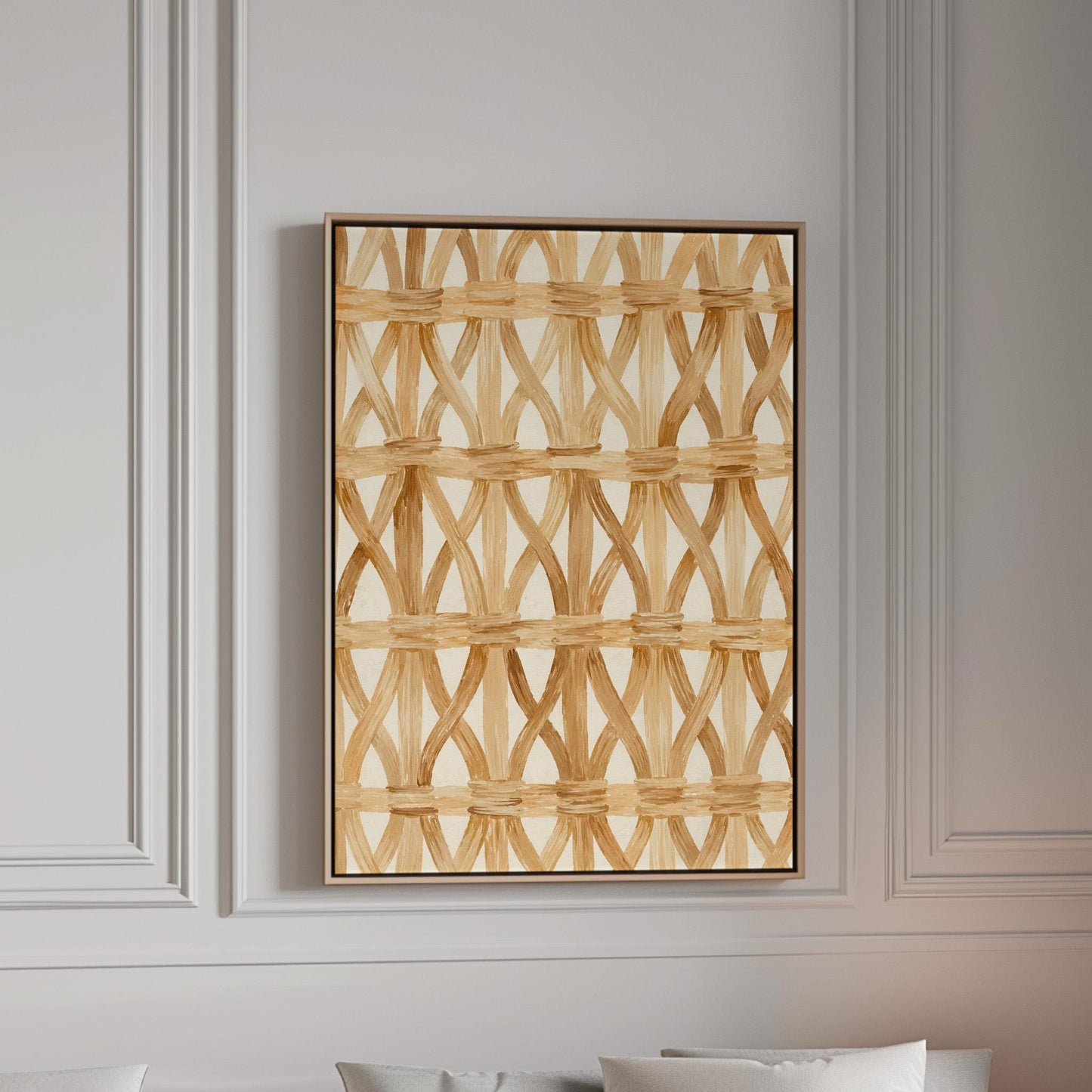 Interwoven rattan lattice pattern in honey beige, canvas print in a bright room with natural daylight