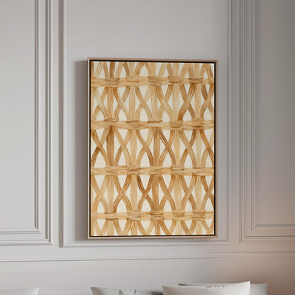 Interwoven rattan lattice pattern in honey beige, canvas print in a bright room with natural daylight