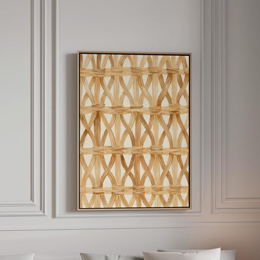 Interwoven rattan lattice pattern in honey beige, canvas print in a bright room with natural daylight