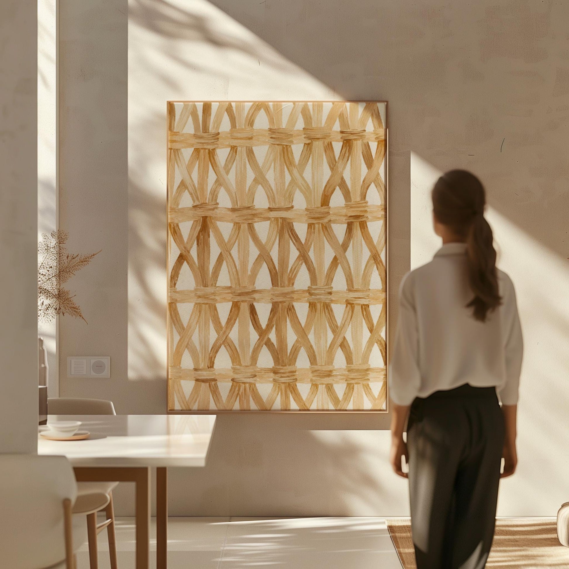 Interwoven rattan lattice pattern in honey beige, canvas print hanging in a calm, modern living space