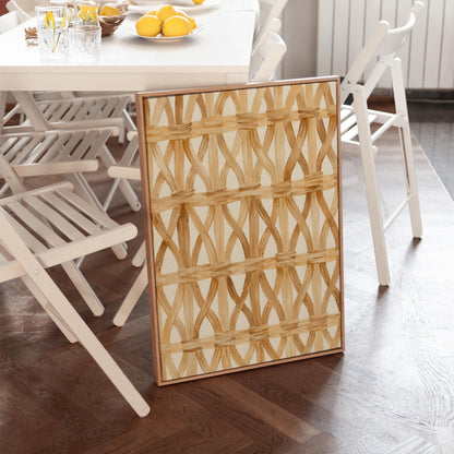 Interwoven rattan lattice pattern in honey beige, canvas wall art styled against a soft white wall
