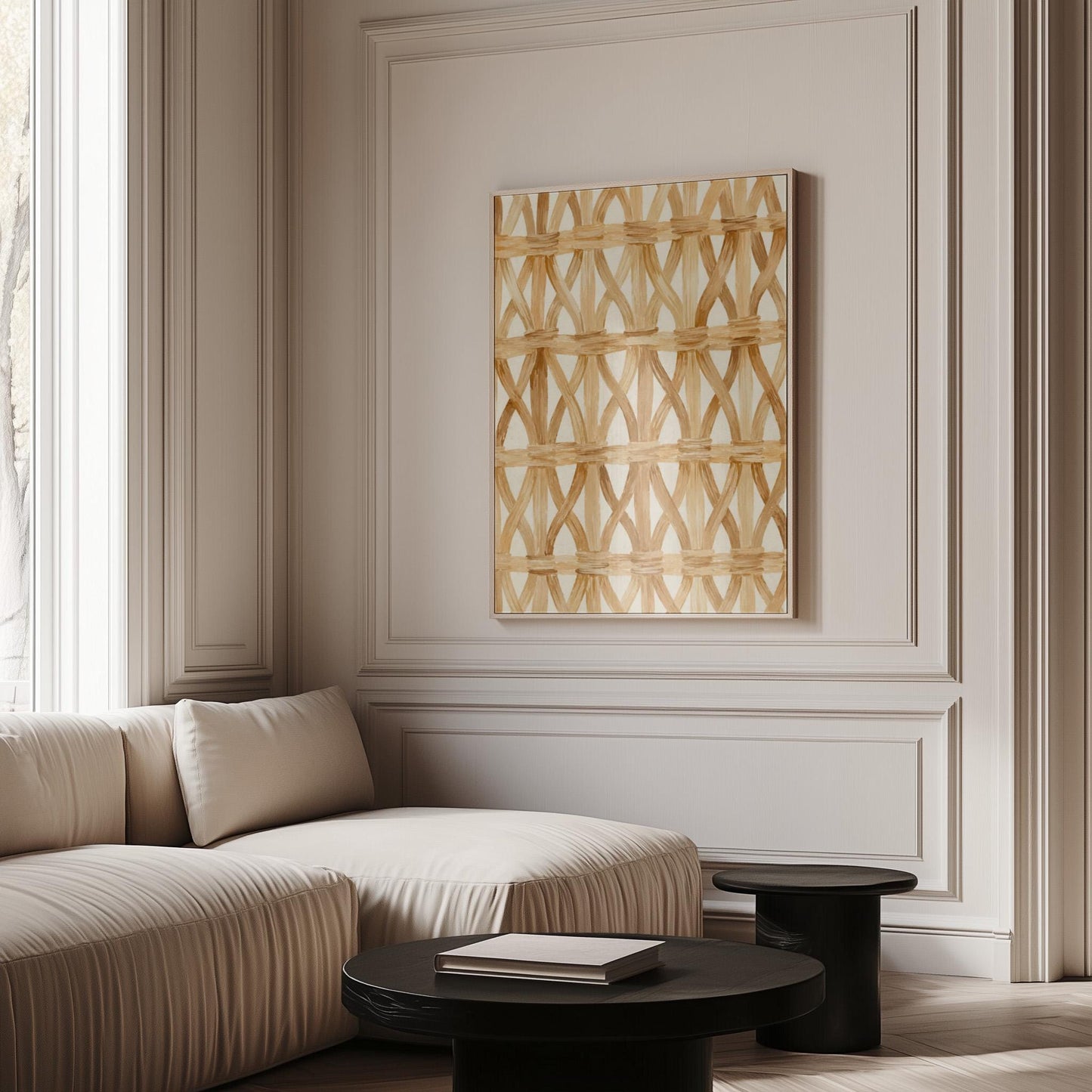 Interwoven rattan lattice pattern in honey beige, canvas wall art presented in a light, minimal room