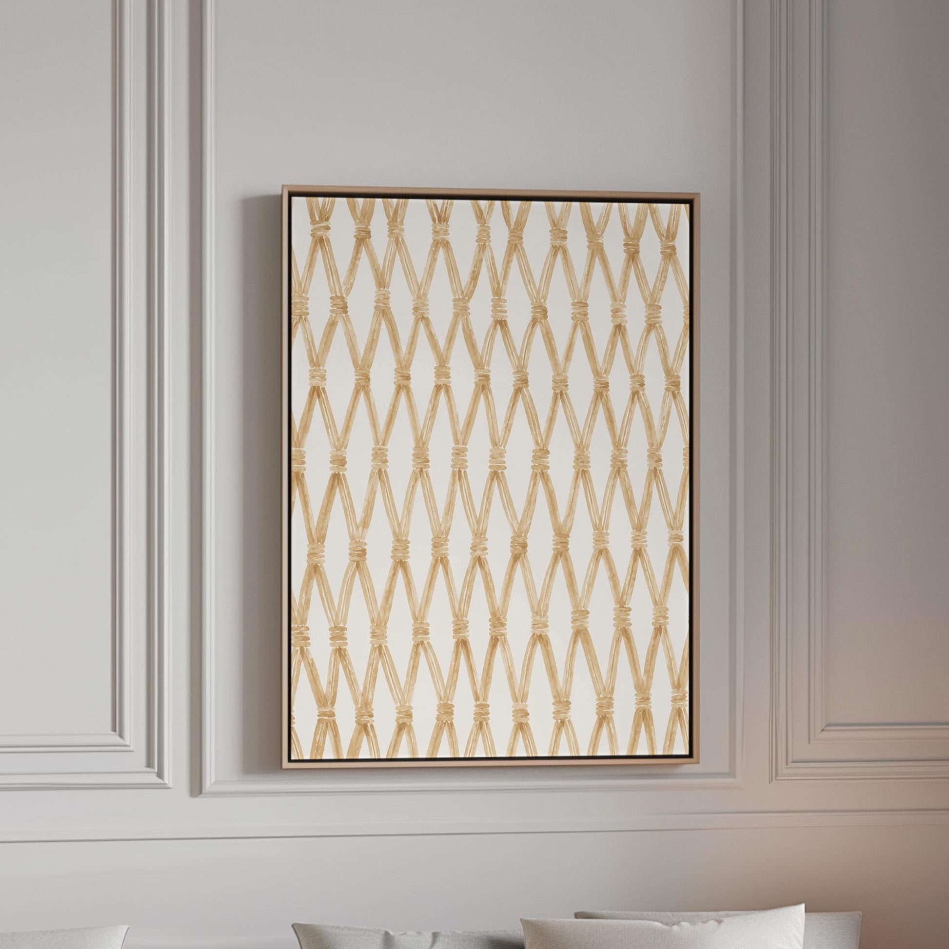 Diamond trellis of natural bands on cream background, canvas print in a bright room with natural daylight