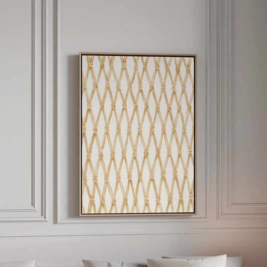 Diamond trellis of natural bands on cream background, canvas print in a bright room with natural daylight