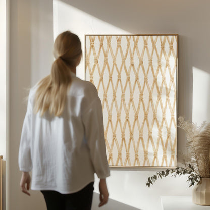 Diamond trellis of natural bands on cream background, canvas print hanging in a calm, modern living space
