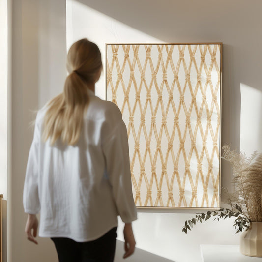 Diamond trellis of natural bands on cream background, canvas print hanging in a calm, modern living space