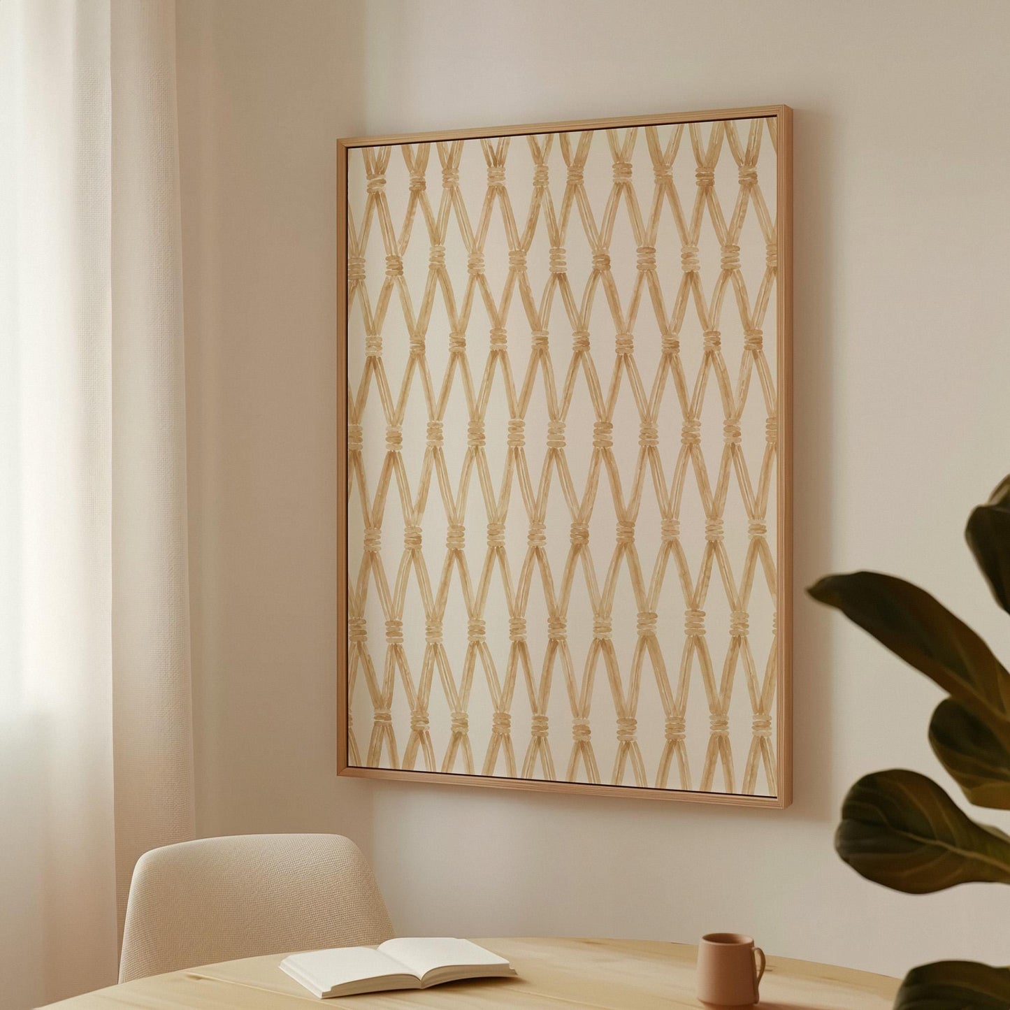 Diamond trellis of natural bands on cream background, canvas print displayed on a neutral wall in a styled interior