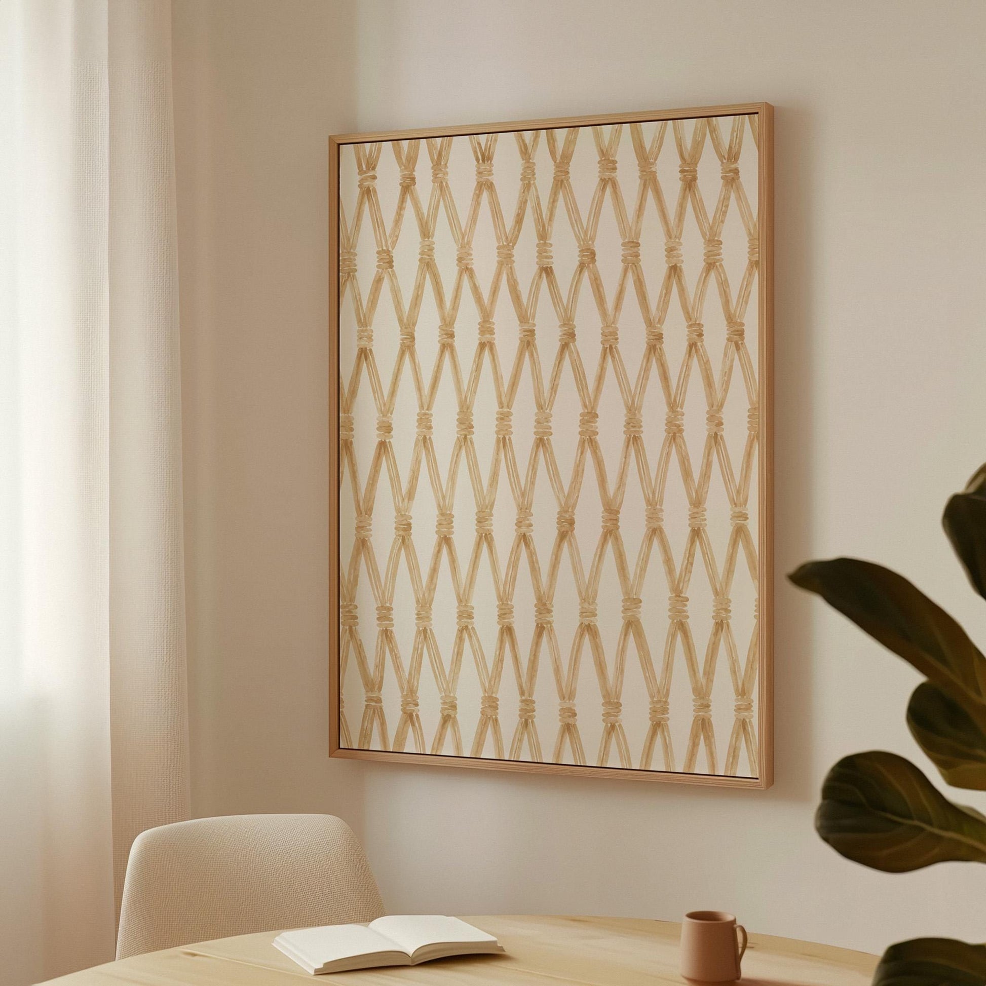 Diamond trellis of natural bands on cream background, canvas print displayed on a neutral wall in a styled interior