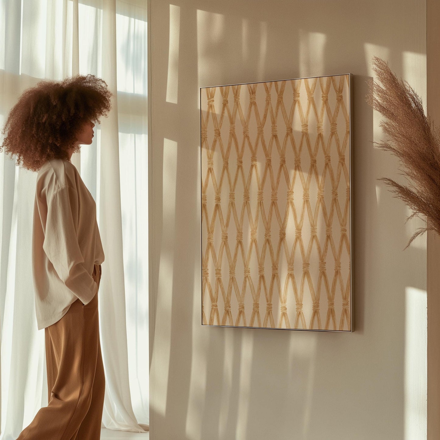 Diamond trellis of natural bands on cream background, canvas wall art hanging in a calm, modern living space