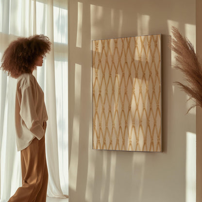 Diamond trellis of natural bands on cream background, canvas wall art hanging in a calm, modern living space