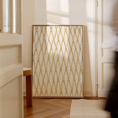 Diamond trellis of natural bands on cream background, canvas print presented in a light, minimal room