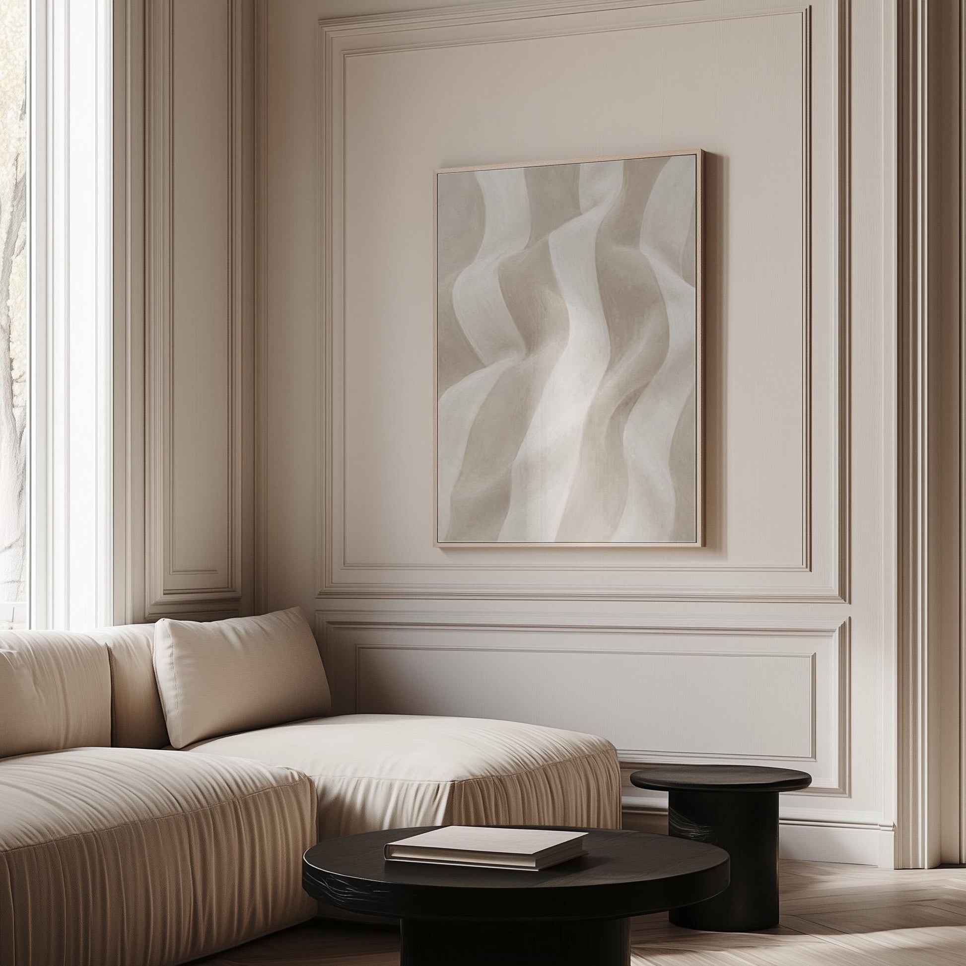 Soft draped wave folds in ivory and warm white, canvas print displayed on a neutral wall in a styled interior
