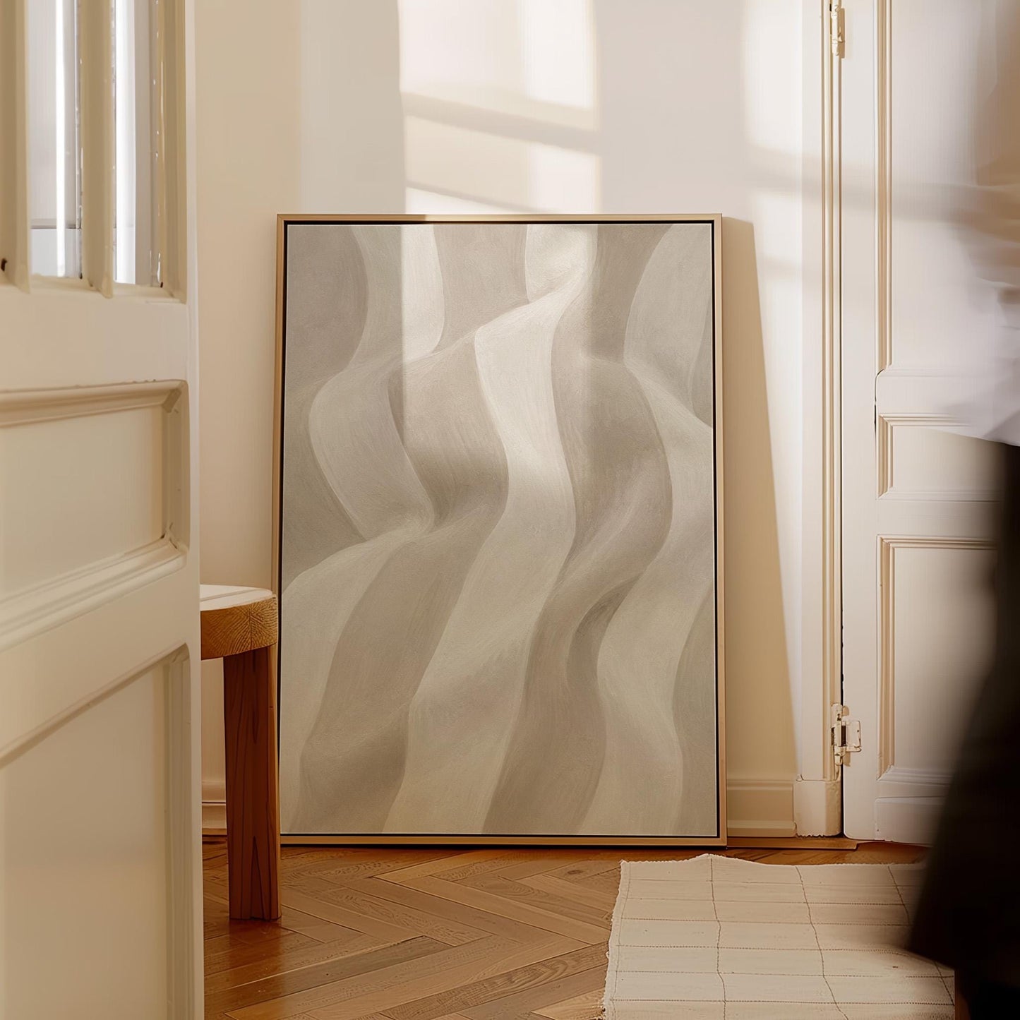 Soft draped wave folds in ivory and warm white, canvas print shown in a sunlit, contemporary room